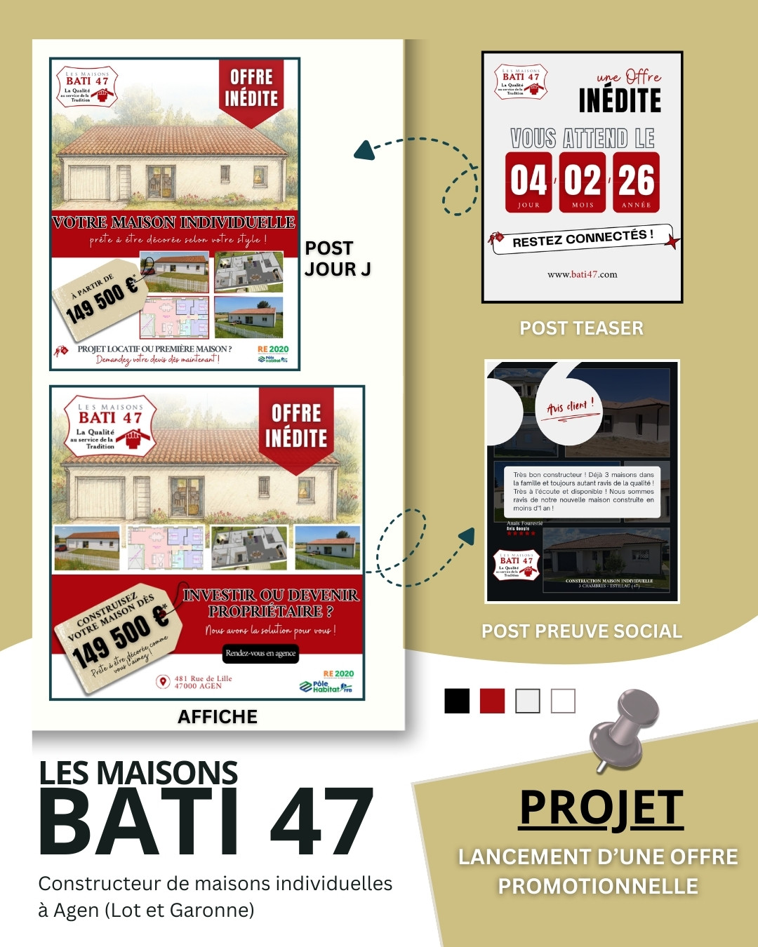 Visuel de campagne de communication réalisée pour le constructeur de maisons Bati 47 à Agen.