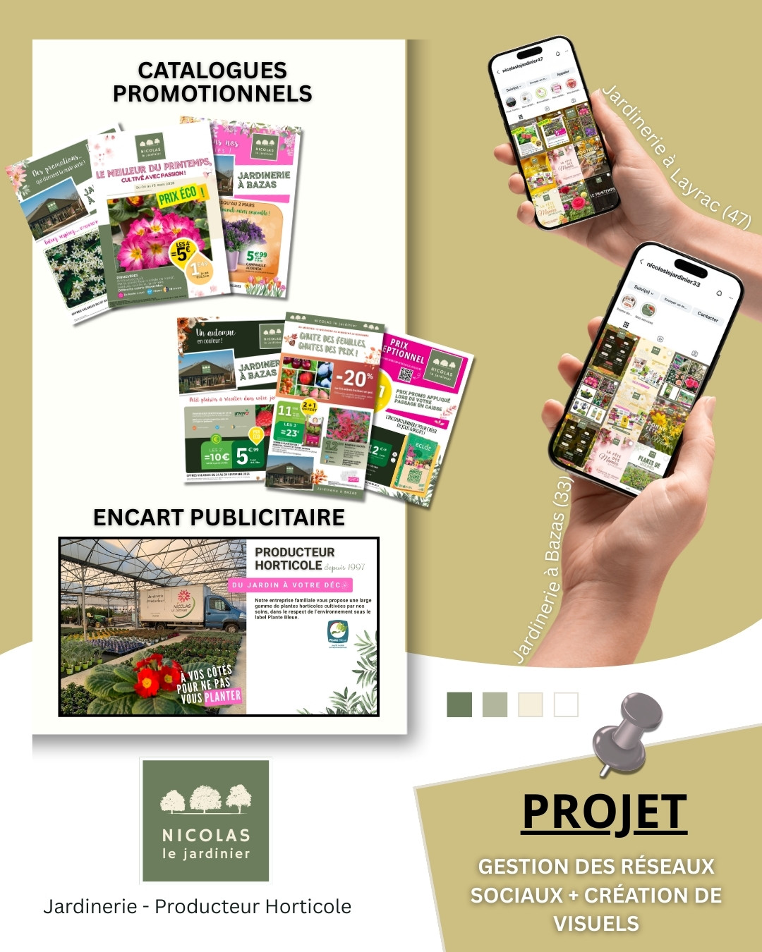 Exemple de publications réalisées pour les réseaux sociaux et de catalogues pour la jardinerie Nicolas le Jardinier.
